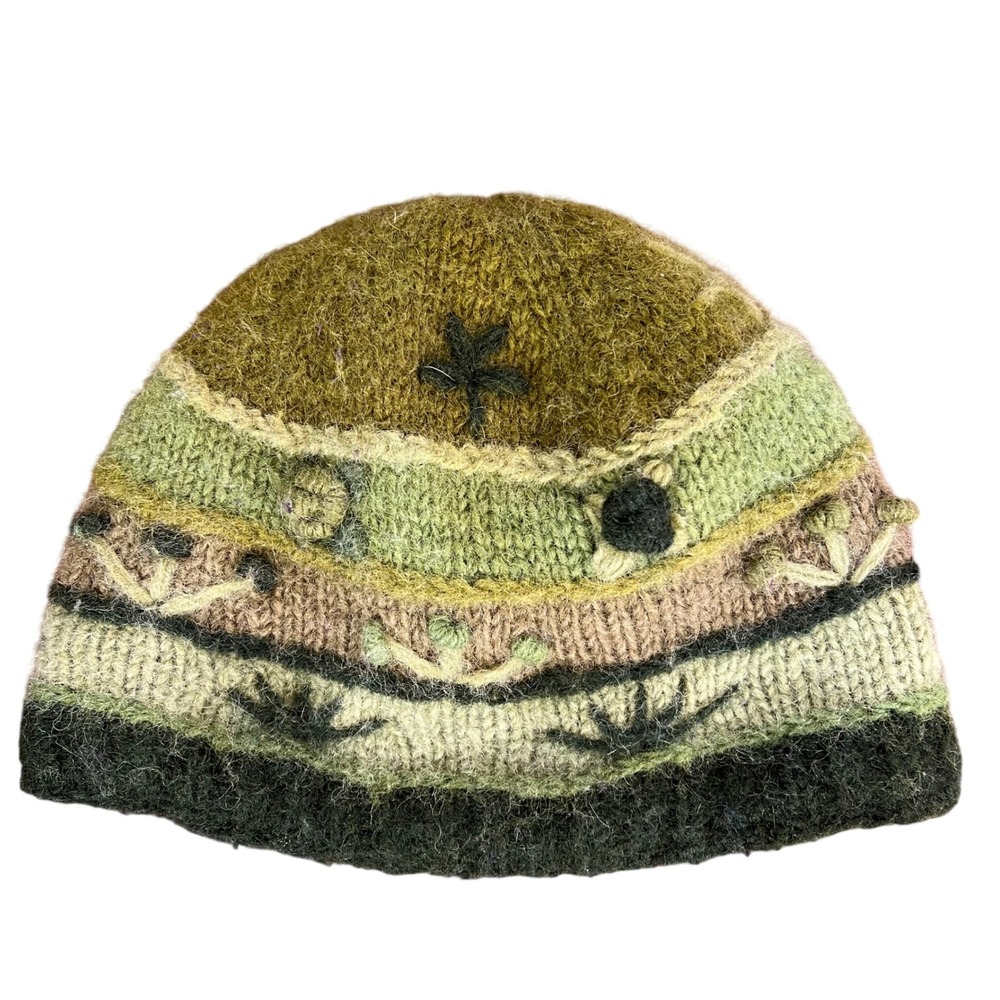 Handmade Wool Knit Floral Beanie Green Brown Forest Core Embroidered Skull Cap